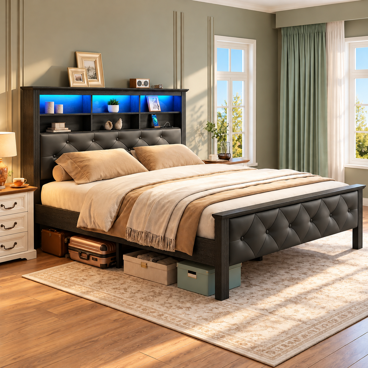 Farmhouse Queen Bed Frame with 51" Tall Headboard, Upholstered Queen Size Bed Frame with Storage, Charging Station and LED Light, Heavy Duty Wooden Slats, No Box Spring Needed，Black