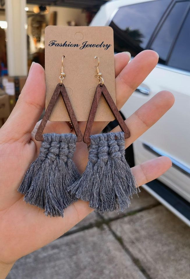 Wood Triangle Grey Tassel Fringe Boho Earrings