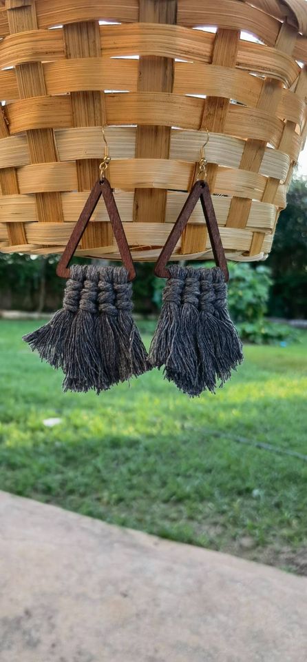 Wood Triangle Grey Tassel Fringe Boho Earrings