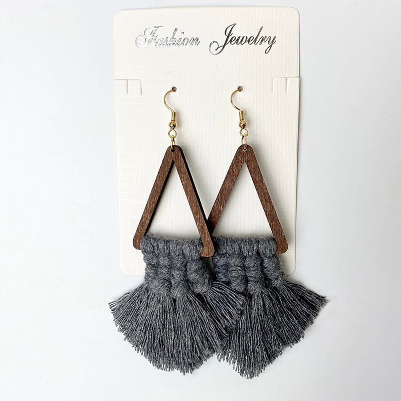 Wood Triangle Grey Tassel Fringe Boho Earrings