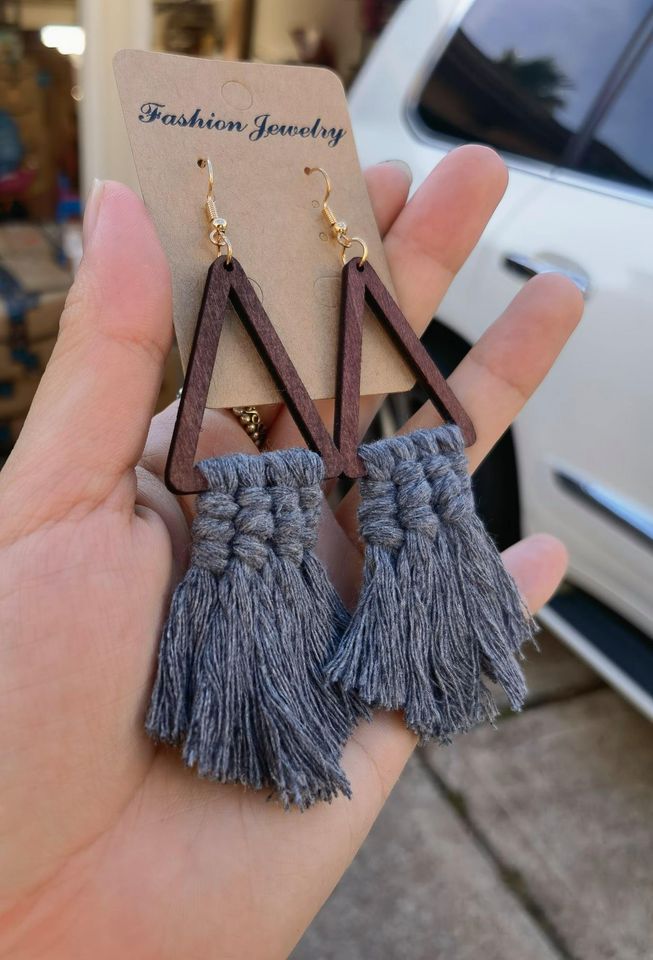 Wood Triangle Grey Tassel Fringe Boho Earrings