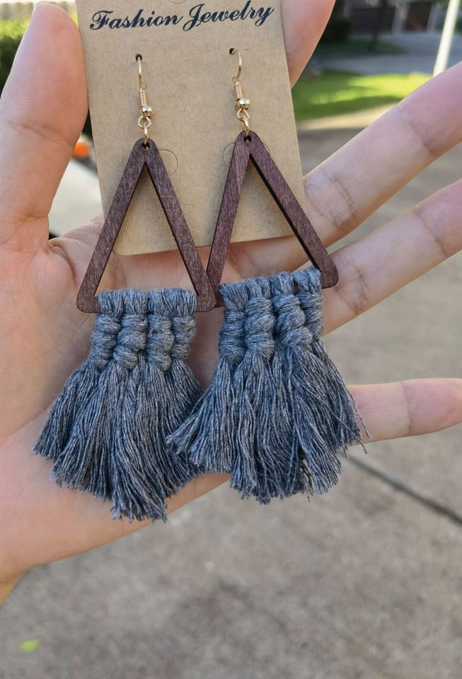 Wood Triangle Grey Tassel Fringe Boho Earrings