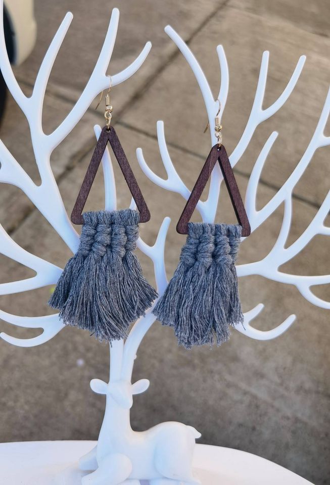 Wood Triangle Grey Tassel Fringe Boho Earrings