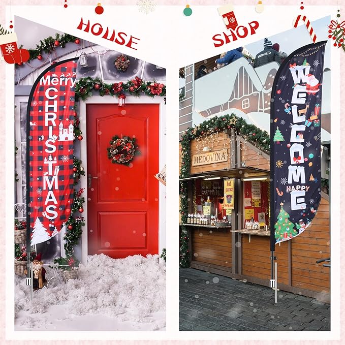 9.2ft Christmas Outdoor Decoration Flags 2 Packs Christmas Feather Flag Red Black Plaid Xmas Flag