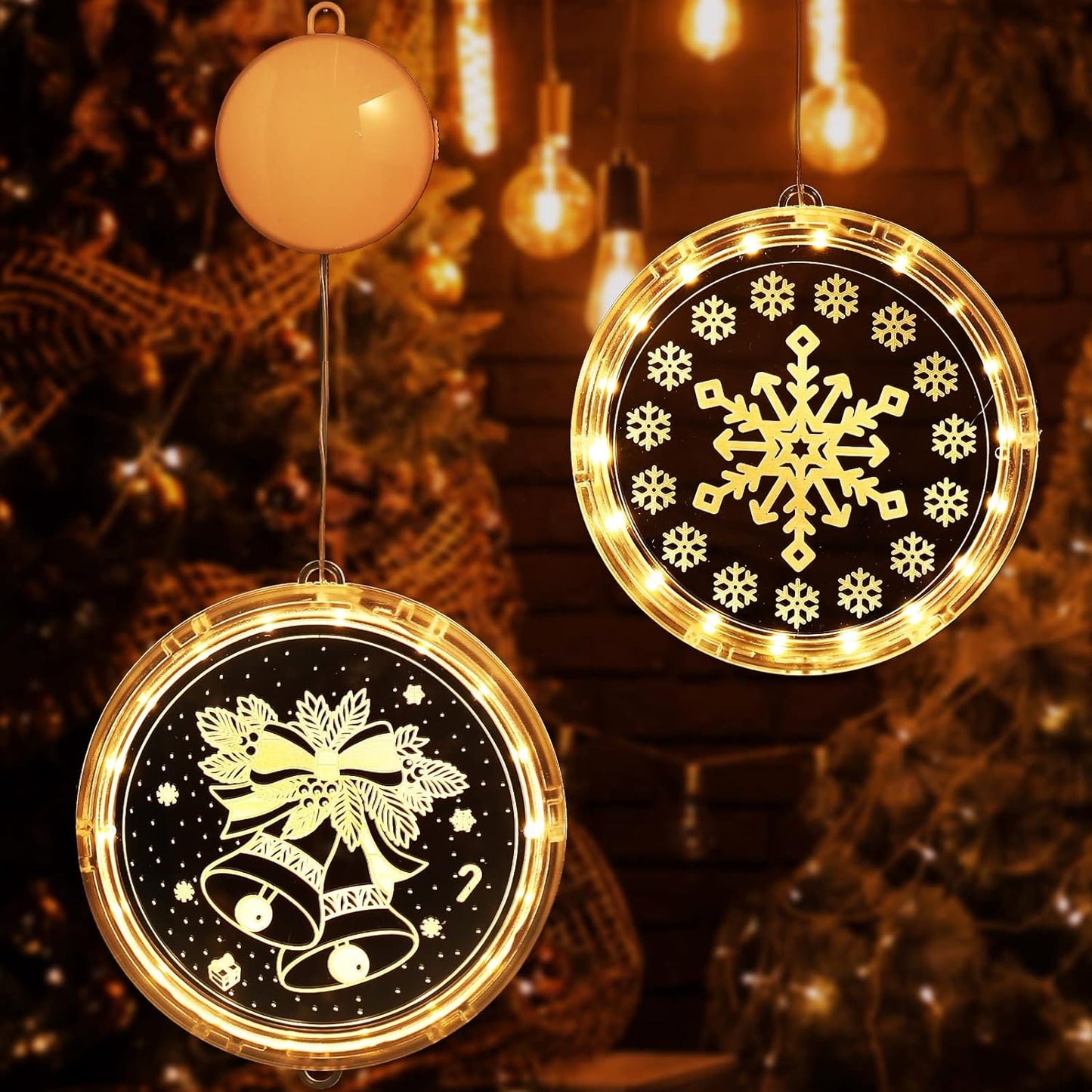 2 Pcs Christmas Window Light Decorations Christmas Snowflake Bells Hanging Window Light