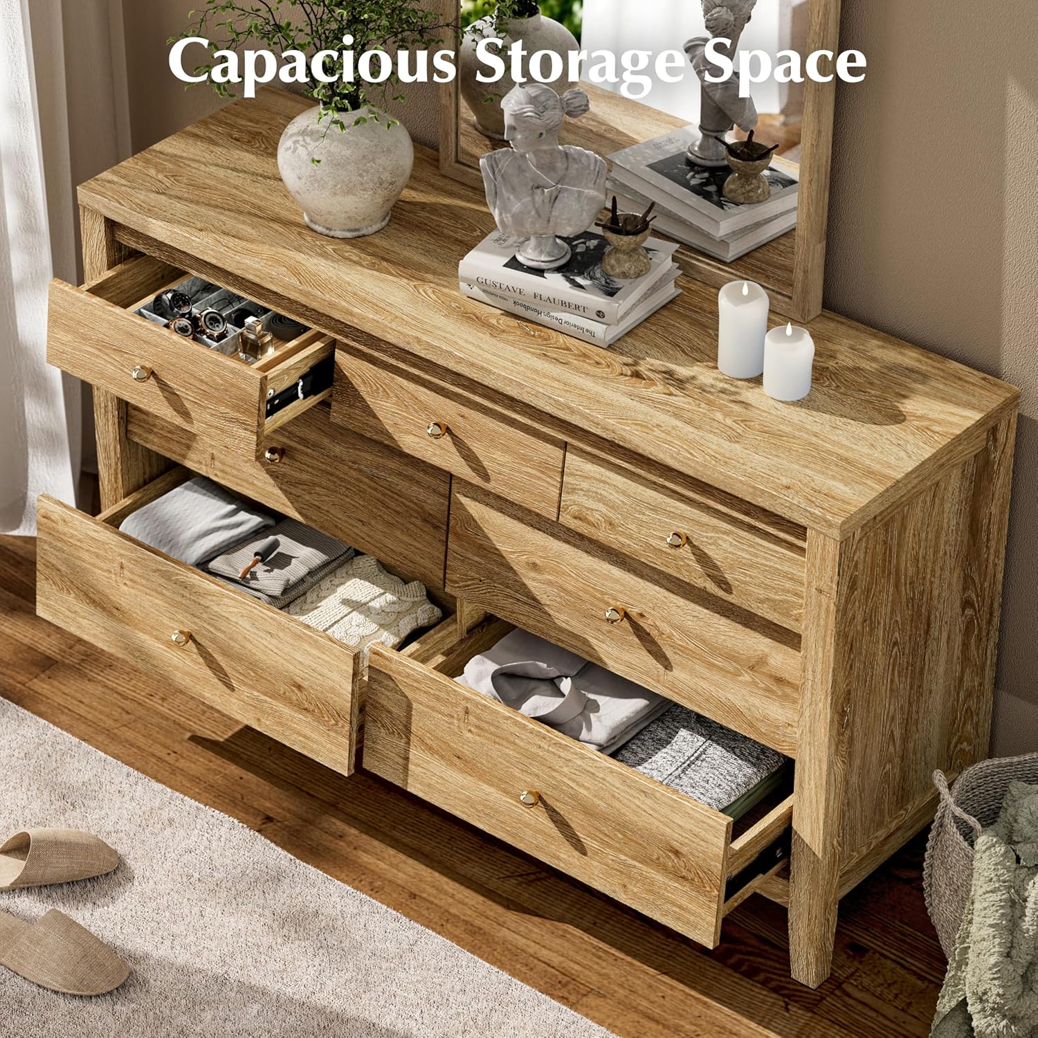 Dresser for Bedroom with 7 Beveled Panel Drawers