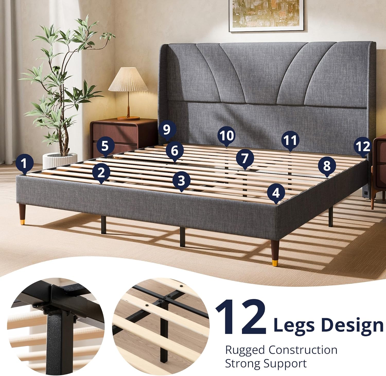 Full Bed Frame Upholstered Platform Full Size Bed Frame with Adjustable Headboard, Strong Weight Capacity, No Box Spring Needed, Easy Assembly, Grey