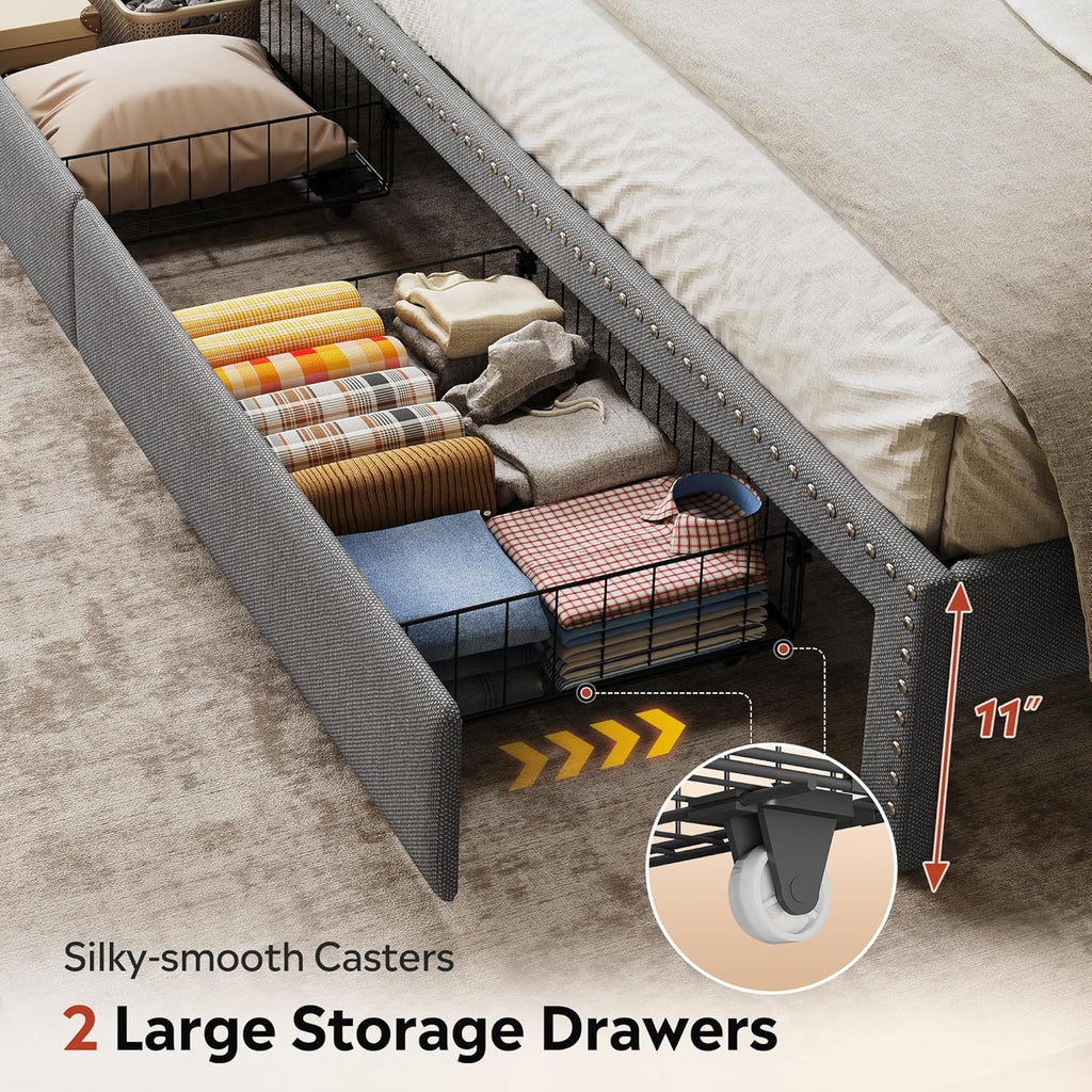 King Size Upholstered Bed Frame with 2 Drawers