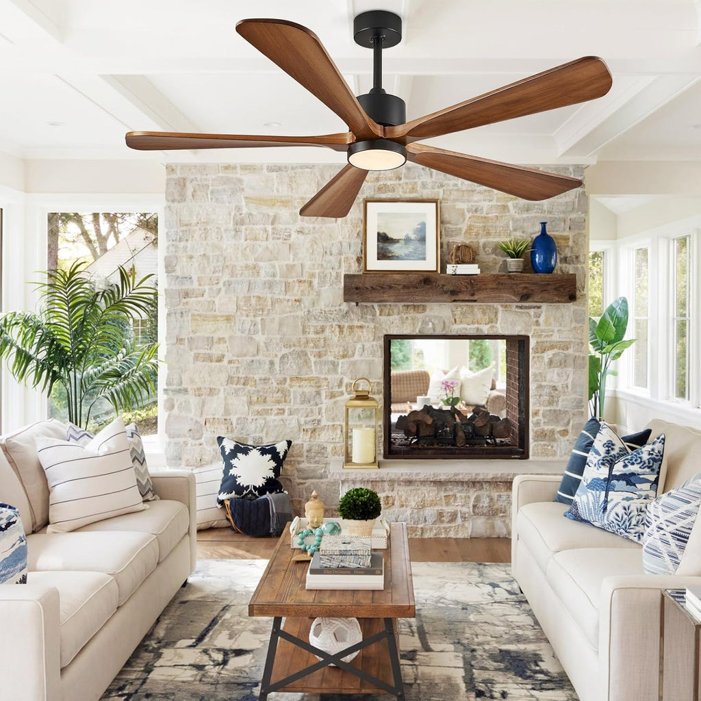 5 Blade Ceiling Fans with Lights, 60 inch Outdoor Ceiling Fans with Remote Control for Patio Bedroom, 5 Solid Wood Blades 6-Speed Reversible DC Motor(Walnut)