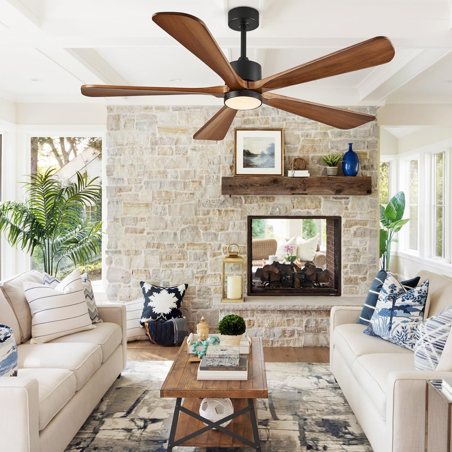 5 Blade Ceiling Fans with Lights, 60 inch Outdoor Ceiling Fans with Remote Control for Patio Bedroom, 5 Solid Wood Blades 6-Speed Reversible DC Motor(Walnut)