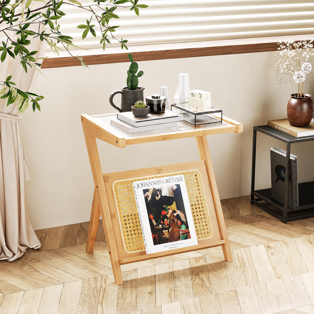 Rattan Side Table Boho Nightstand with Storage Shelf
