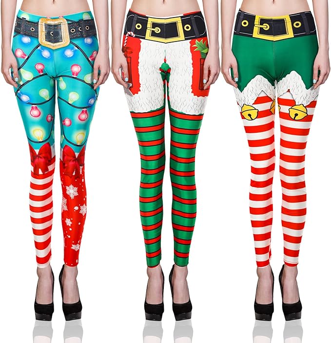 3 Pcs Funny Christmas Leggings for Women Ugly Printed Leggings Christmas Tights Leggings Soft Stretchy Costume Tights