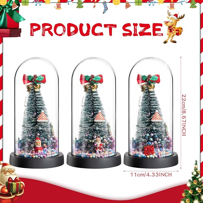 3 Pcs Mini Christmas Trees in Dome Snow Flocked Tabletop Christmas Tree with 20 LED Lights Battery Powered