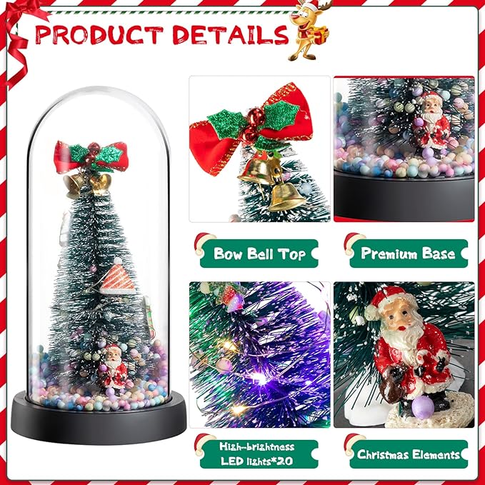 3 Pcs Mini Christmas Trees in Dome Snow Flocked Tabletop Christmas Tree with 20 LED Lights Battery Powered