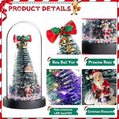 3 Pcs Mini Christmas Trees in Dome Snow Flocked Tabletop Christmas Tree with 20 LED Lights Battery Powered