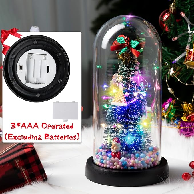 3 Pcs Mini Christmas Trees in Dome Snow Flocked Tabletop Christmas Tree with 20 LED Lights Battery Powered