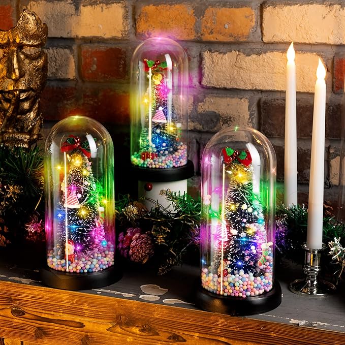 3 Pcs Mini Christmas Trees in Dome Snow Flocked Tabletop Christmas Tree with 20 LED Lights Battery Powered