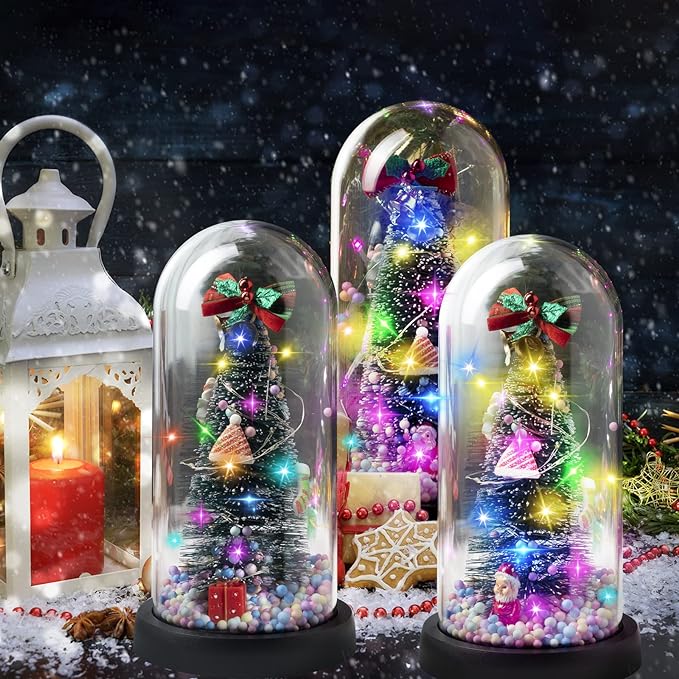 3 Pcs Mini Christmas Trees in Dome Snow Flocked Tabletop Christmas Tree with 20 LED Lights Battery Powered