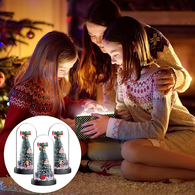 3 Pcs Mini Christmas Trees in Dome Snow Flocked Tabletop Christmas Tree with 20 LED Lights Battery Powered