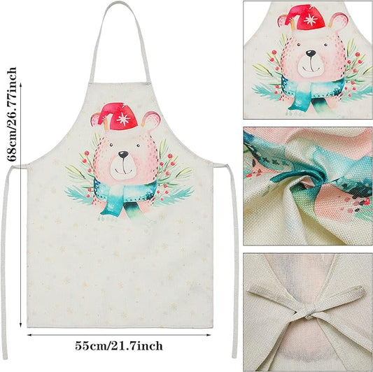 3 Pieces Christmas Chef Apron Bear Kitchen Apron Cute Raccoon Cooking Apron Linen