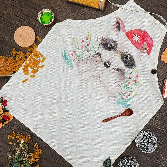 3 Pieces Christmas Chef Apron Bear Kitchen Apron Cute Raccoon Cooking Apron Linen