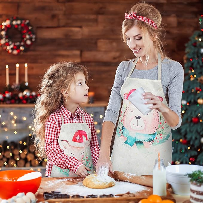 3 Pieces Christmas Chef Apron Bear Kitchen Apron Cute Raccoon Cooking Apron Linen