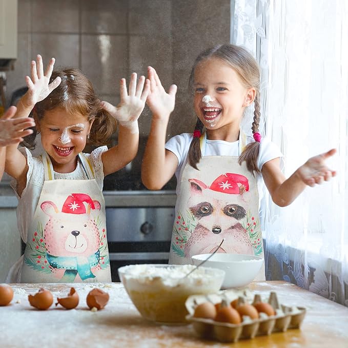 3 Pieces Christmas Chef Apron Bear Kitchen Apron Cute Raccoon Cooking Apron Linen