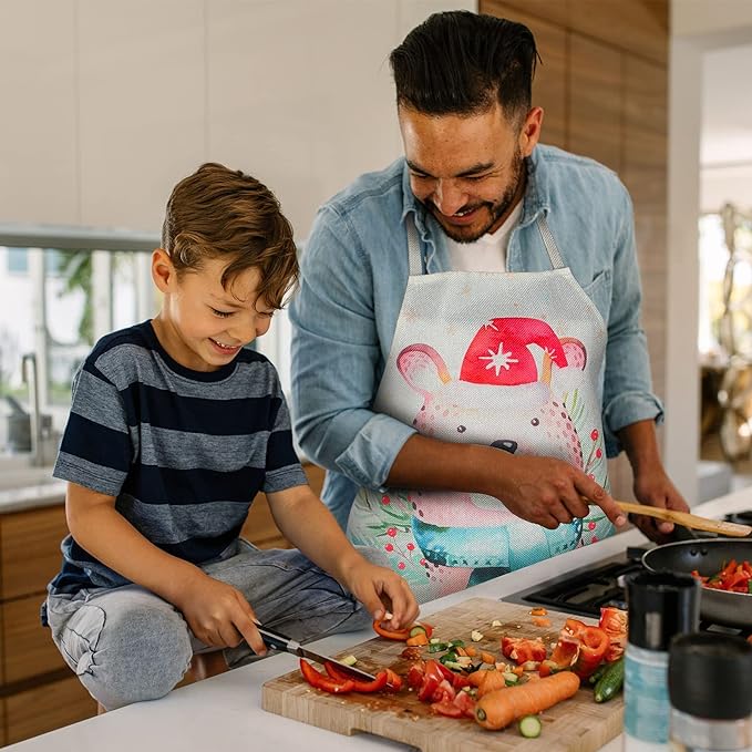 3 Pieces Christmas Chef Apron Bear Kitchen Apron Cute Raccoon Cooking Apron Linen