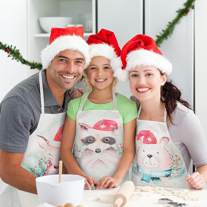 3 Pieces Christmas Chef Apron Bear Kitchen Apron Cute Raccoon Cooking Apron Linen