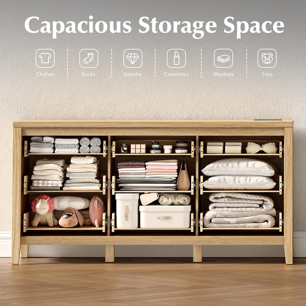 Wooden storage cabinet with various items on shelves against a light wall.