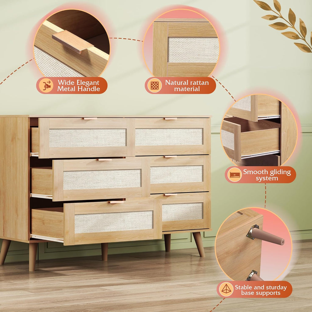 6 Drawer Ratten Dresser ( Light Oak, White )