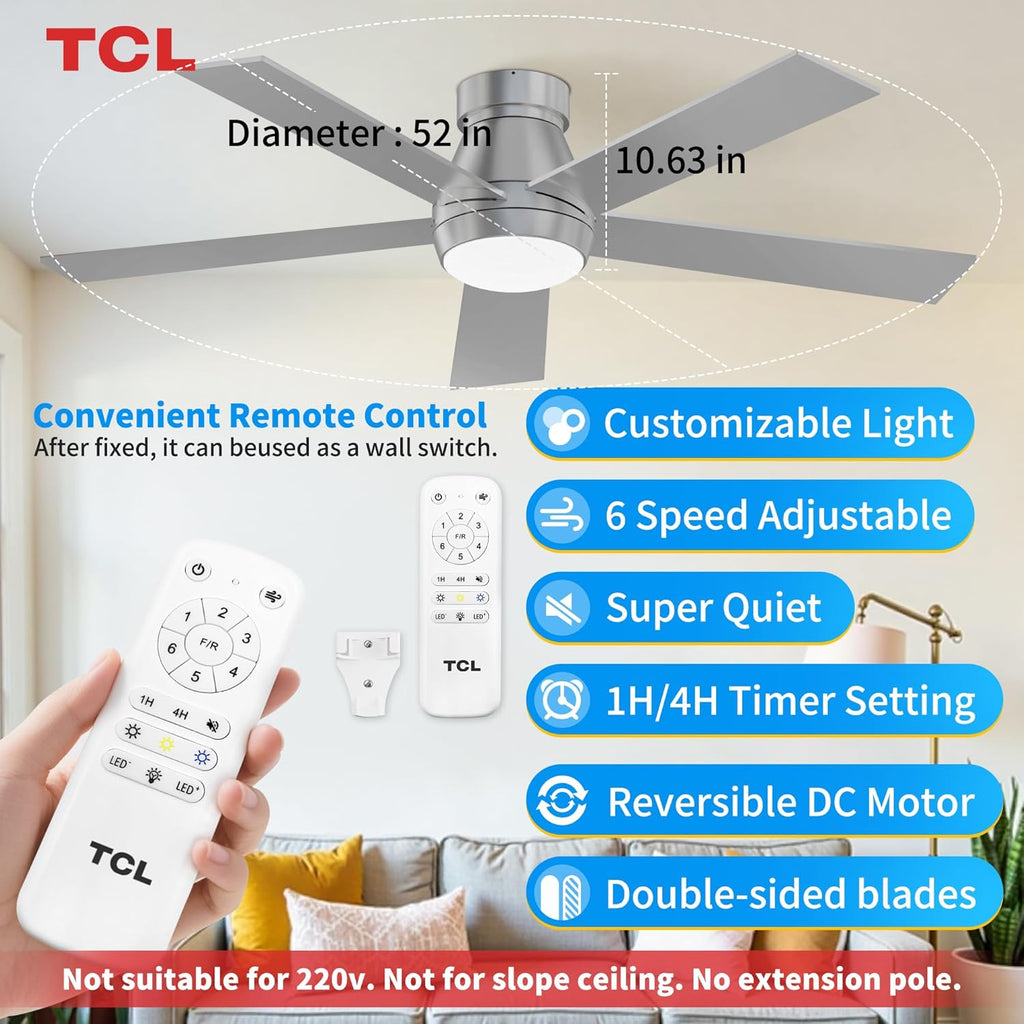 52" Silver Ceiling Fan with Light and Remote, Modern LED 3-Color, Quiet Motor for Bedroom, Living Room, Dining Room, Ceiling Fans with Lights (Silver)