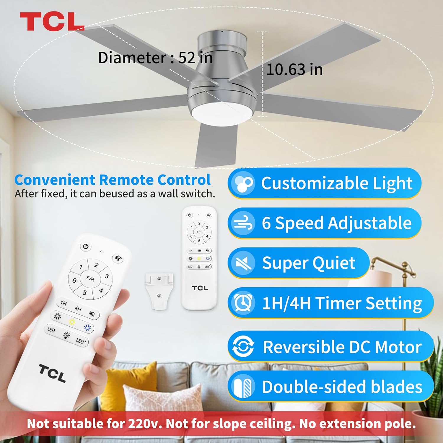52" Silver Ceiling Fan with Light and Remote, Modern LED 3-Color, Quiet Motor for Bedroom, Living Room, Dining Room, Ceiling Fans with Lights (Silver)