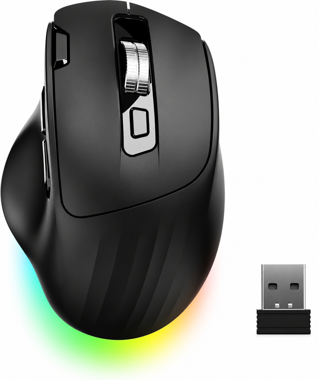 C2 Ergonomic Mouse, Wireless Computer Mouse (BT&2.4G) for Work/Office, 5 Adjustable 4000 DPI, Quiet Clicks, RGB Light, Battery Rechargeable Comfort Grip Bluetooth Mouse for Laptop/PC/Mac, Black