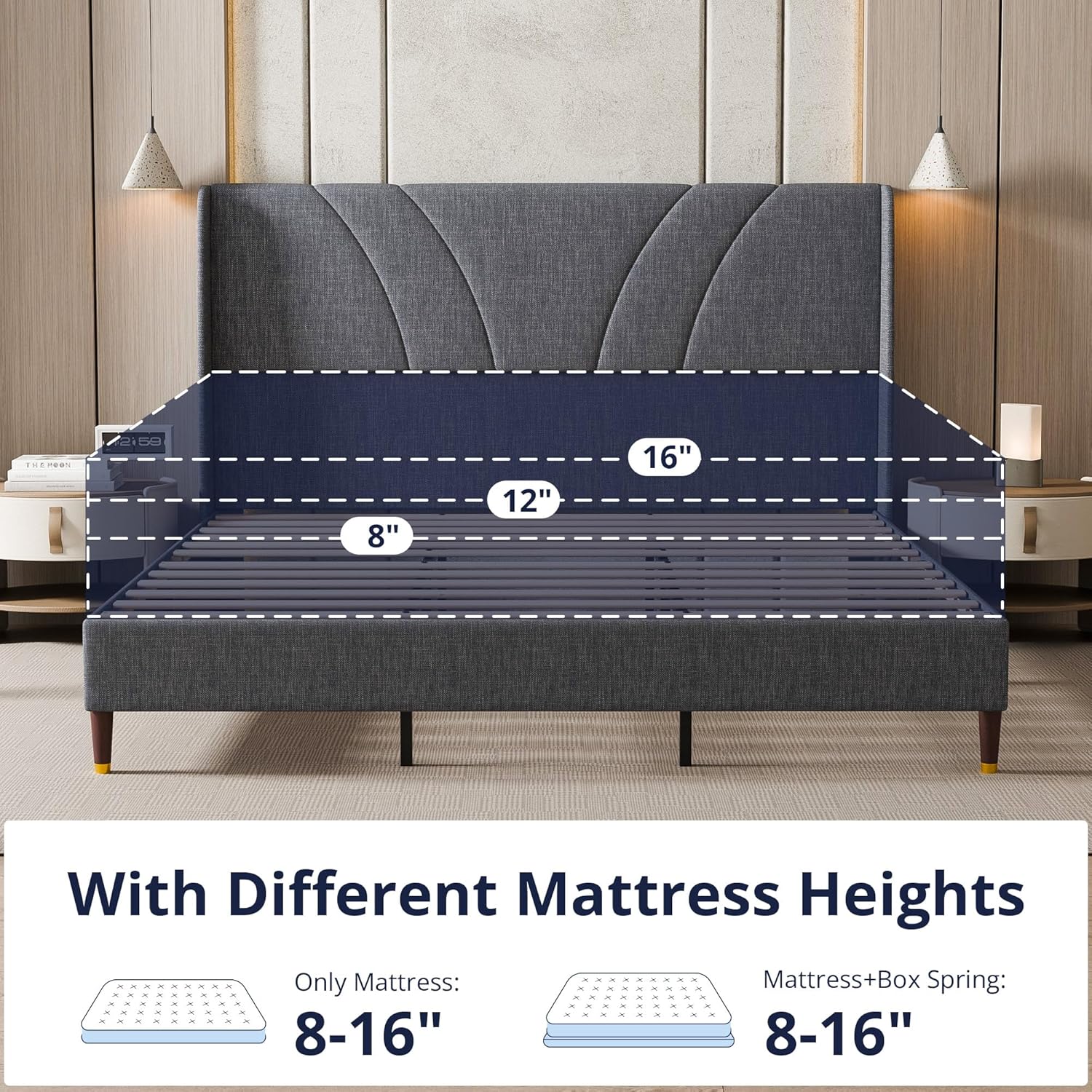 Full Bed Frame Upholstered Platform Full Size Bed Frame with Adjustable Headboard, Strong Weight Capacity, No Box Spring Needed, Easy Assembly, Grey