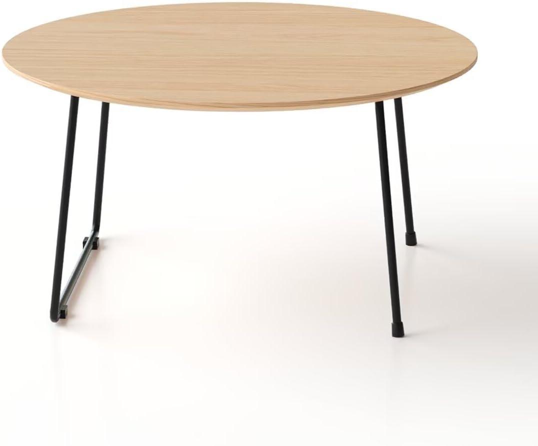 Round Wood Top Coffee Table with Black Metal Hairpin Legs, Minimalist Modern Cocktail Side Table, Small Space Living Room Accent Center Table