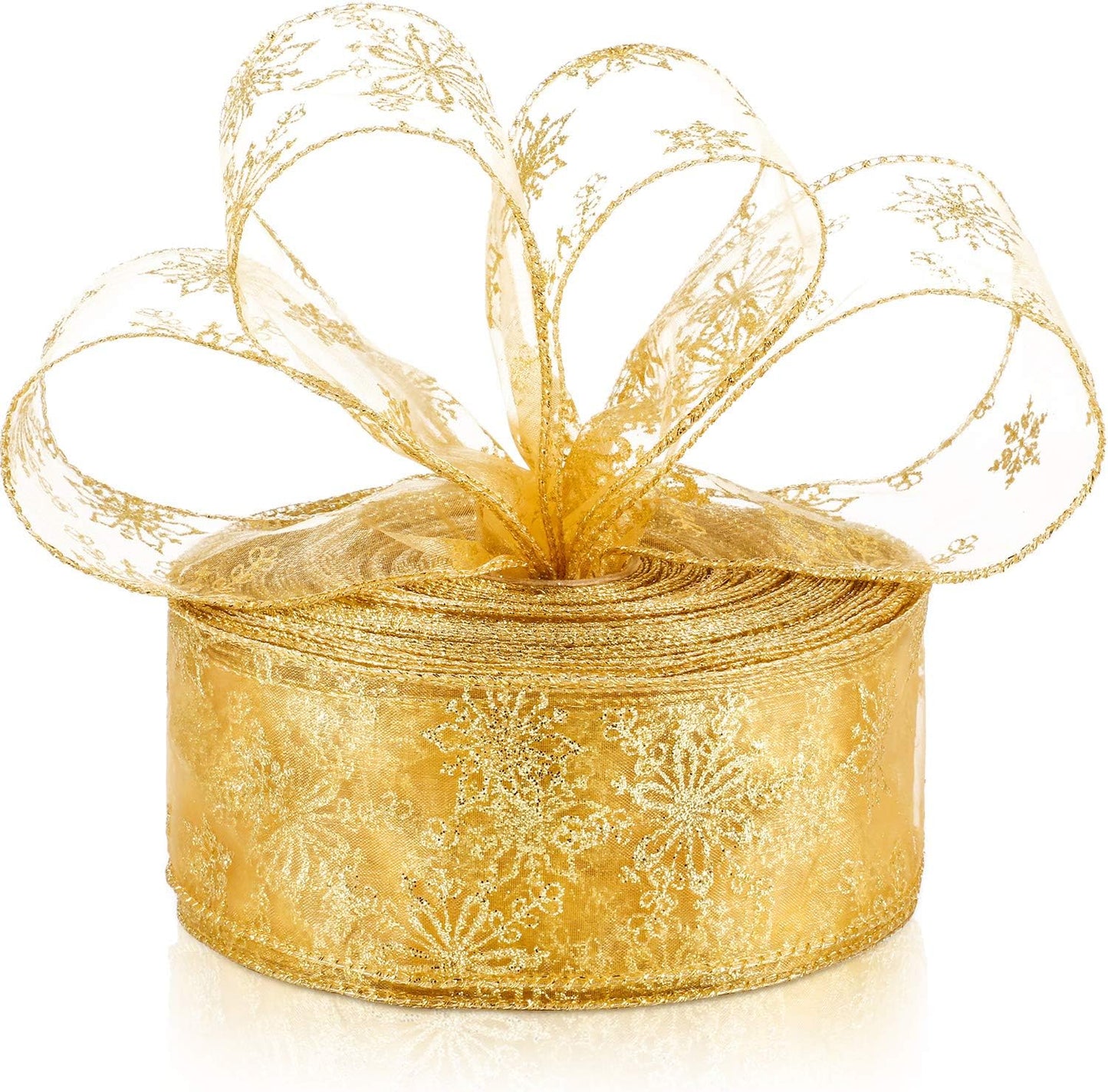 2.5 Inch Wide Christmas Wired Ribbon Snowflake Organza Sheer Glitter Ribbon for Tree, Wreath Gold