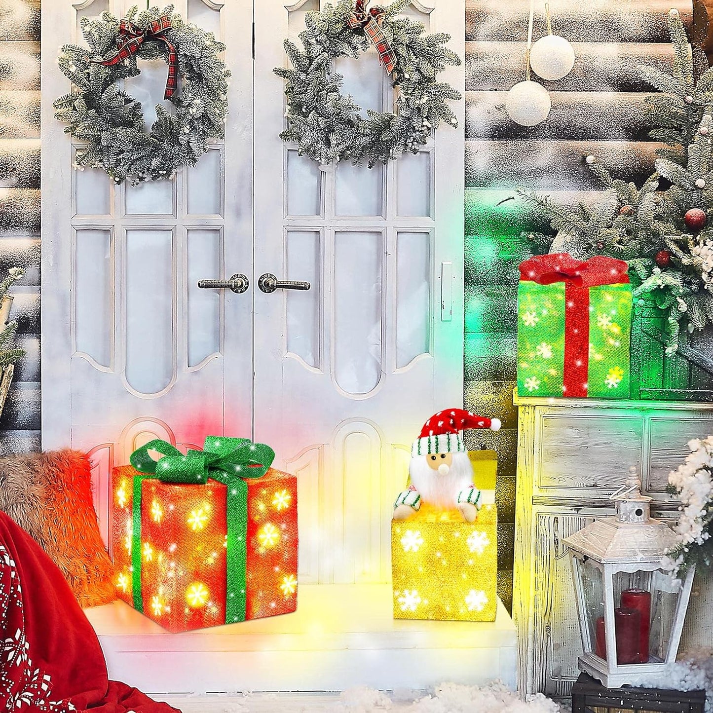 Set of 4 Christmas Lighted Gift Boxes and LED Santa Light up Present Boxes Ornament 60 Warm White Led with Bows for Indoor Outdoor