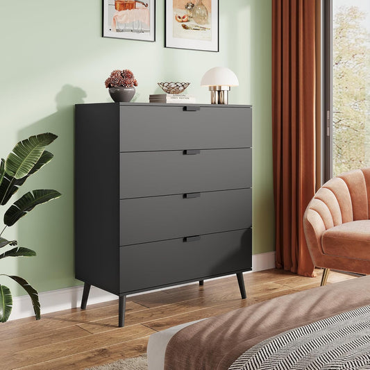 4 Drawer Dresser for Bedroom, Wooden, Black Tall Dresser