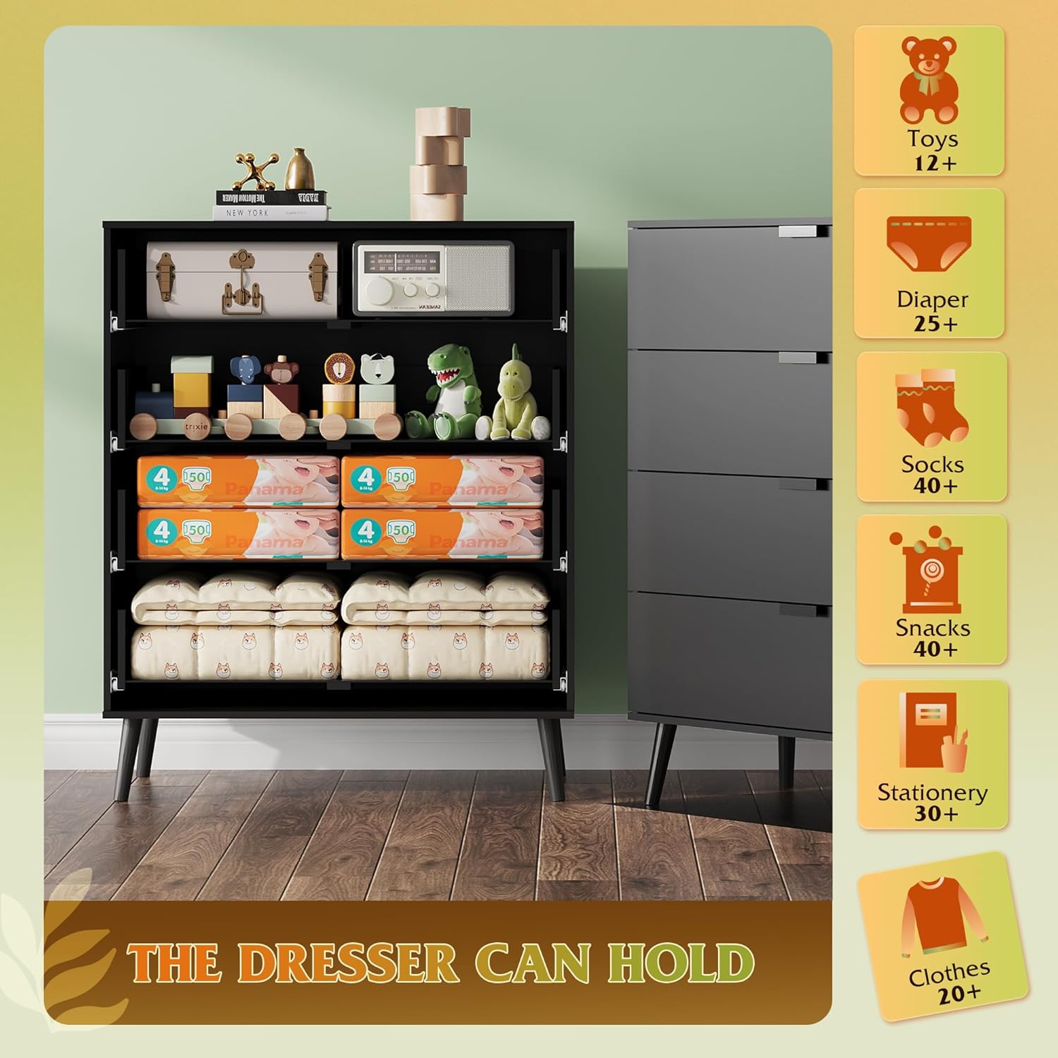 4 Drawer Dresser for Bedroom, Wooden, Black Tall Dresser