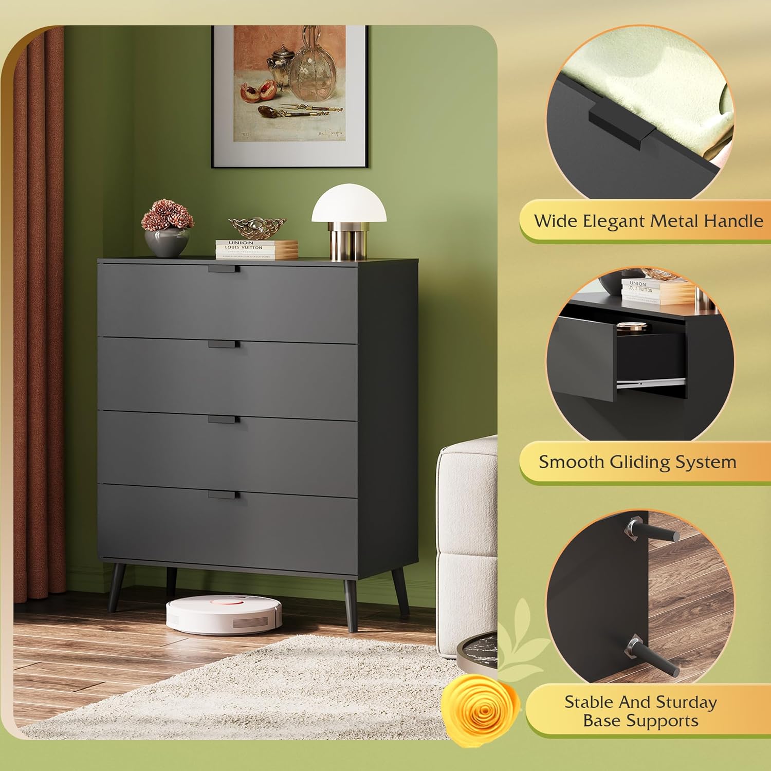 4 Drawer Dresser for Bedroom, Wooden, Black Tall Dresser