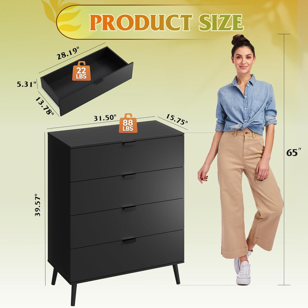 4 Drawer Dresser for Bedroom, Wooden, Black Tall Dresser