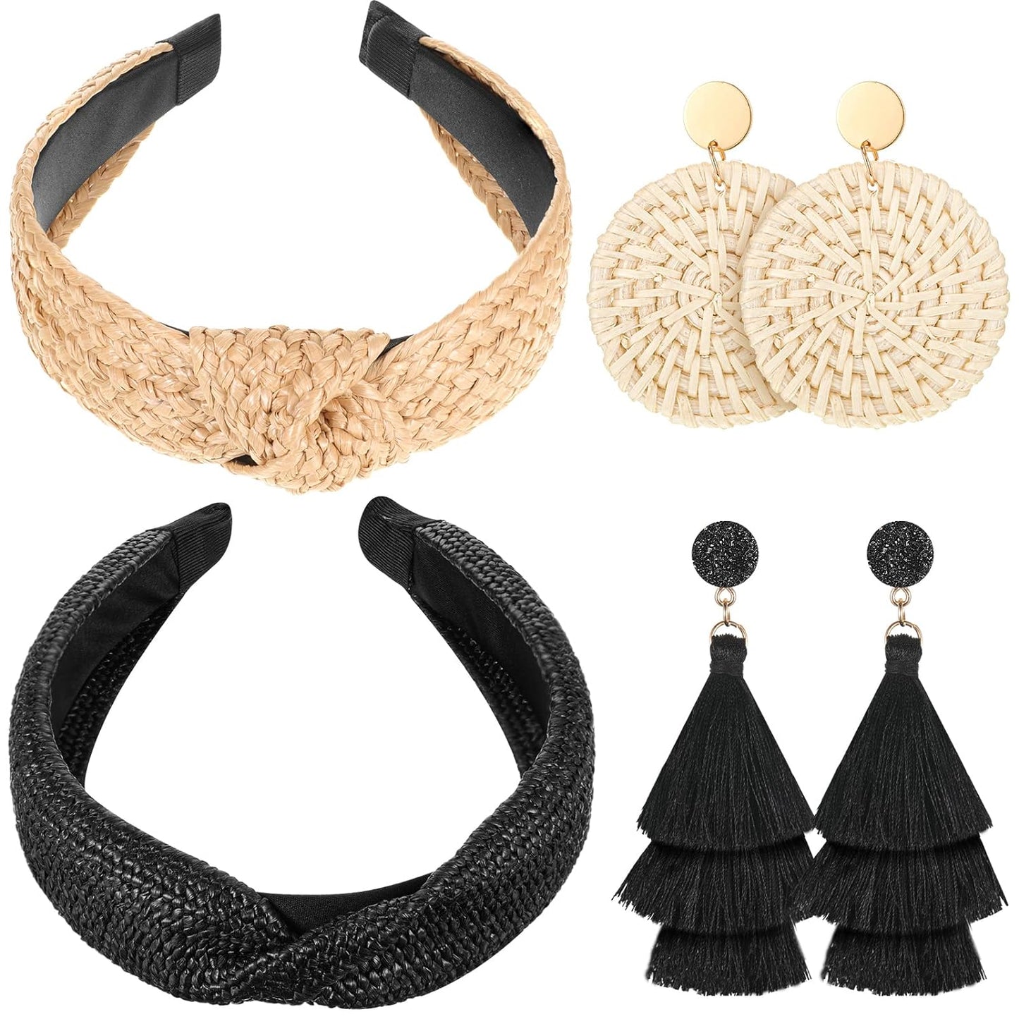 4 Pack Straw Knotted Headbands Rattan Earrings Set Christmas Gift