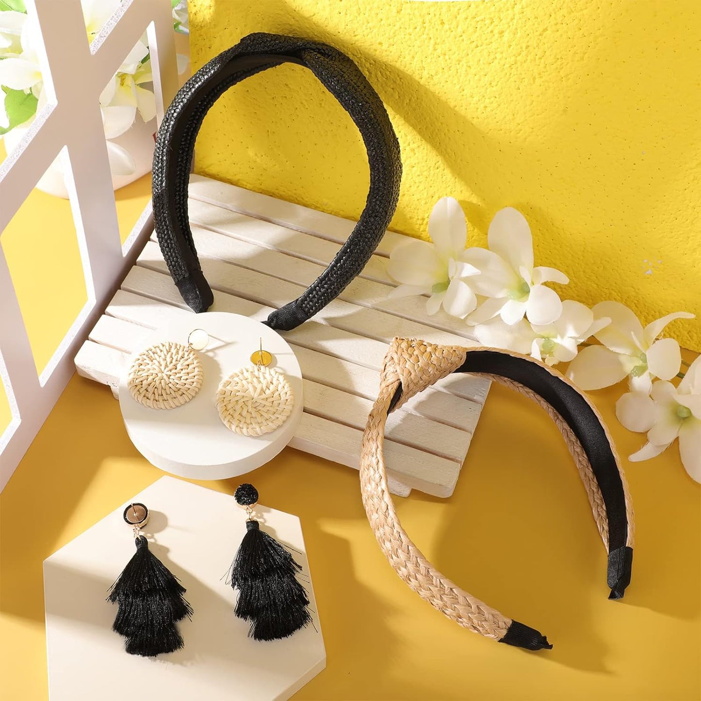 4 Pack Straw Knotted Headbands Rattan Earrings Set Christmas Gift