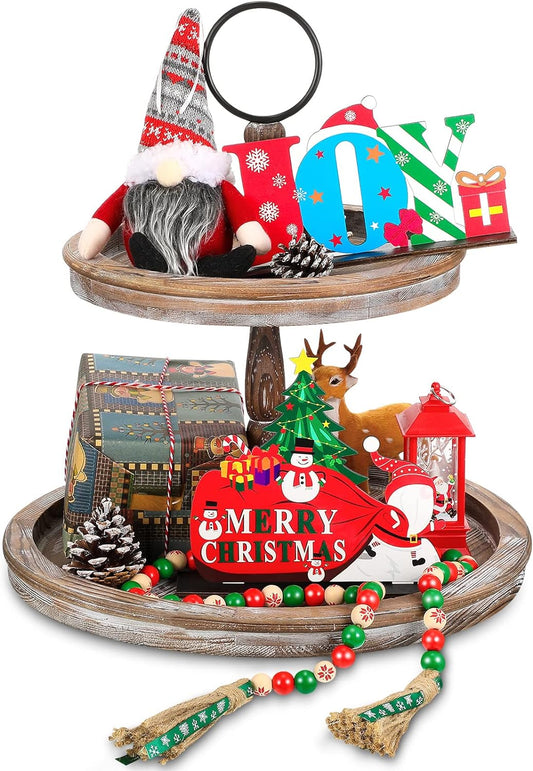 Christmas Tiered Tray Decoration Set Include 4 Pieces Xmas Wood Table Centerpiece Signs