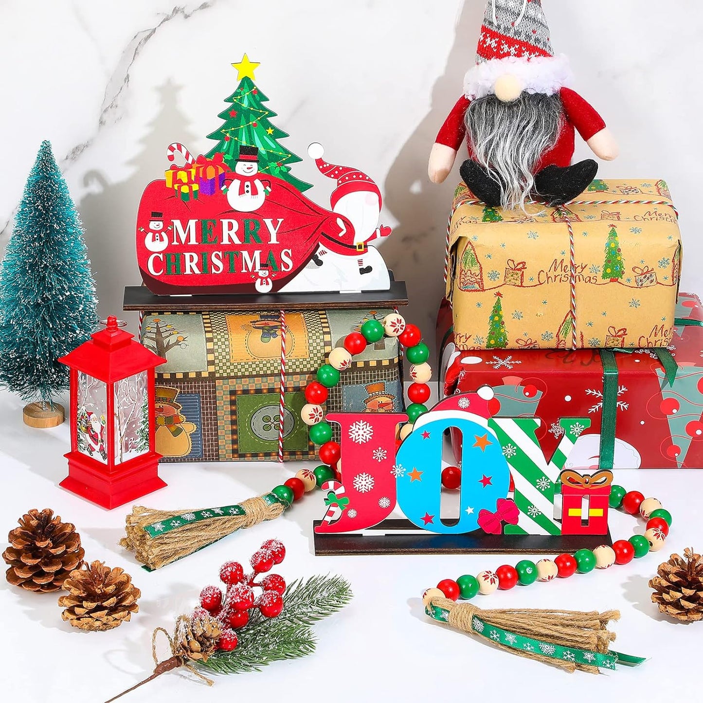 Christmas Tiered Tray Decoration Set Include 4 Pieces Xmas Wood Table Centerpiece Signs