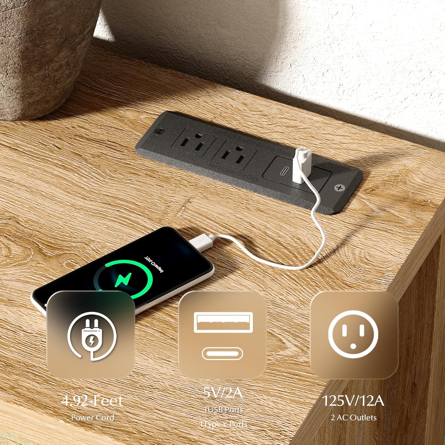 Power strip with multiple outlets and USB ports on a wooden surface, with smartphone charging.
