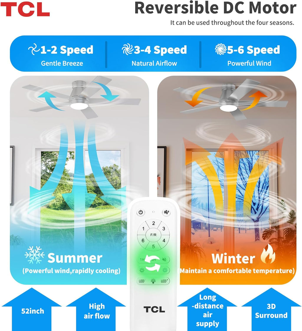52" Silver Ceiling Fan with Light and Remote, Modern LED 3-Color, Quiet Motor for Bedroom, Living Room, Dining Room, Ceiling Fans with Lights (Silver)