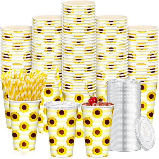 50 Sets Sunflower Paper Cups with Lids and Paper Straws 16oz Disposable Sunflower Iced Coffee Paper Cups