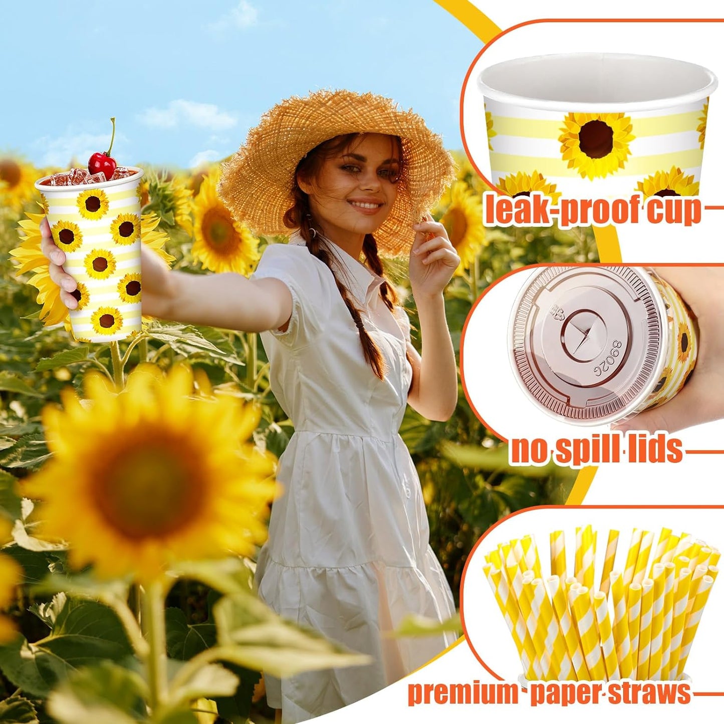 50 Sets Sunflower Paper Cups with Lids and Paper Straws 16oz Disposable Sunflower Iced Coffee Paper Cups